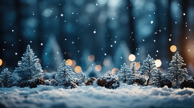 Un bosque nevado con un árbol de Navidad al fondo.