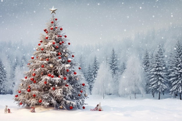 Un bosque nevado con un árbol de Navidad decorado
