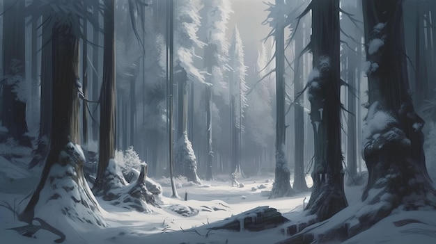 Un bosque nevado con un árbol en primer plano y un camino cubierto de nieve en el fondo.