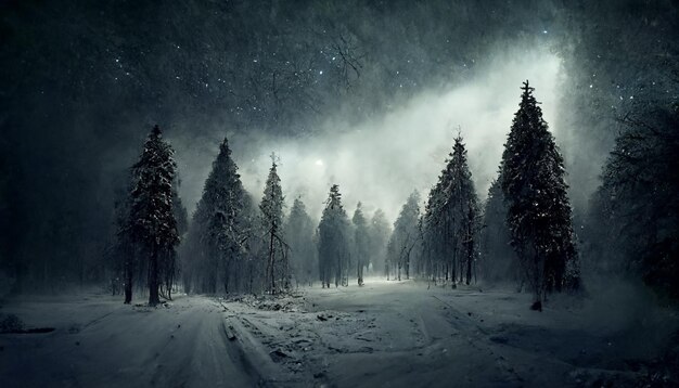 Bosque nevado con un camino en el medio de él generativo ai