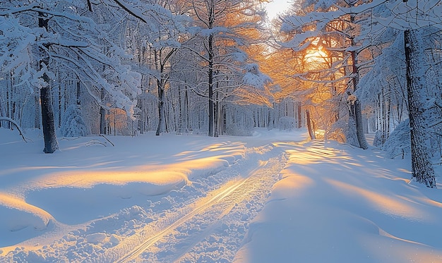 Un bosque nevado con un camino País de las Maravillas de Invierno