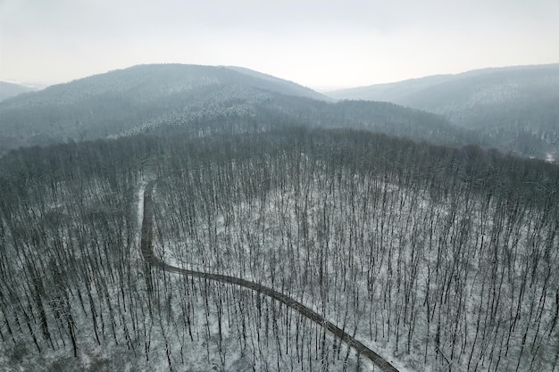 Bosque nevado con una carretera Vista aérea