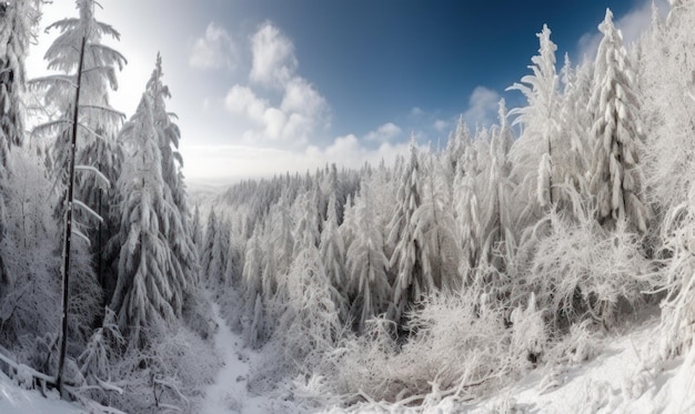 Un bosque nevado con un cielo azul y nubes.