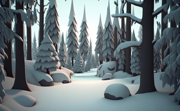 Un bosque nevado de invierno ilustraciones de fondo de dibujos animados para niños estilo de dibujos animados ai generado