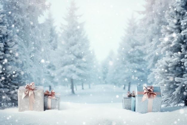 Bosque nevado de invierno con regalos de Navidad Generativo Ai