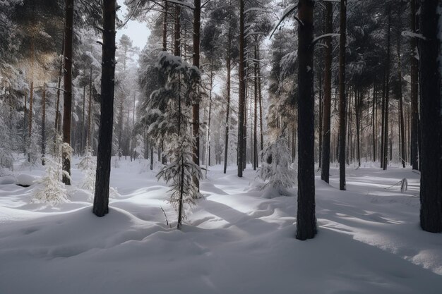 Un bosque nevado con un paisaje nevado y árboles al fondo.