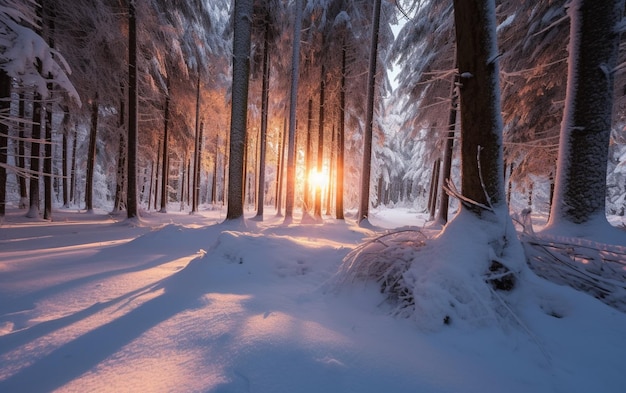 Un bosque nevado con el sol brillando a través de los árboles.