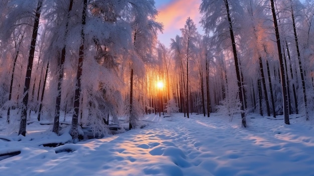 Un bosque nevado con el sol poniéndose detrás de él