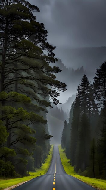 Un bosque con niebla al fondo.