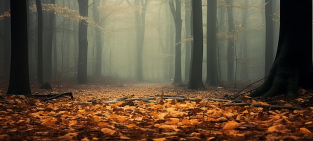 Un bosque de niebla con una alfombra de hojas caídas AI Generative