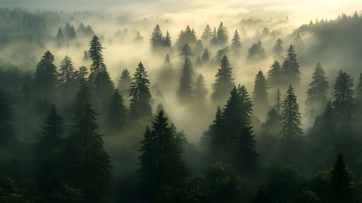 Bosque de niebla con altos árboles de hoja perenne