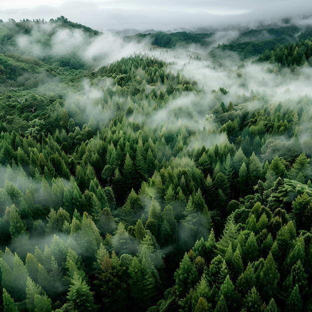 Foto un bosque con niebla y árboles en la parte superior