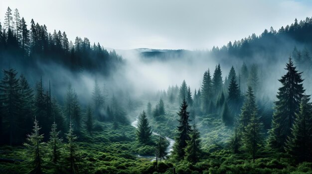 Bosque de niebla con árboles en primer plano Generativo Ai