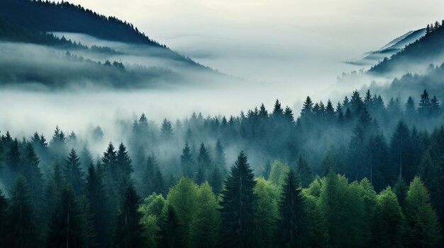 Foto bosque de niebla con árboles en primer plano generativo ai