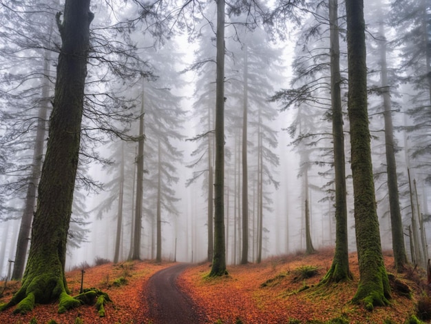 un bosque con niebla y árboles en el suelo