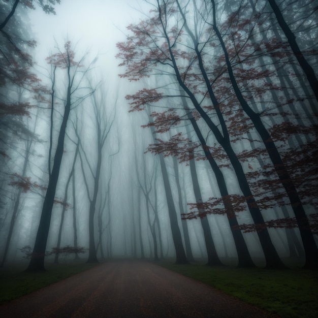 Un bosque de niebla con un camino que tiene un árbol.