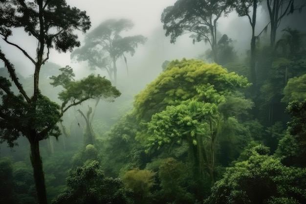 Bosque de niebla exótico con árboles imponentes y aire brumoso creado con ai generativa