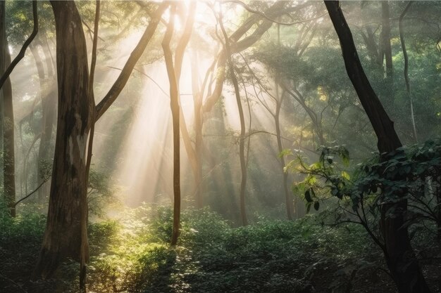 Bosque de niebla exótico con destellos de sol brillando a través de los árboles creados con ai generativo