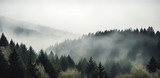 Bosque de niebla con una montaña al fondo