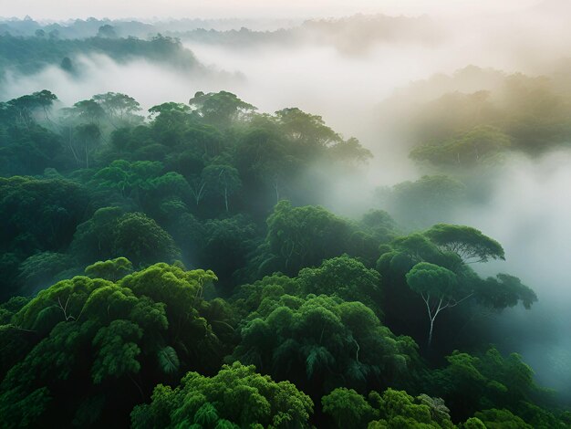 un bosque de niebla con niebla en el fondo