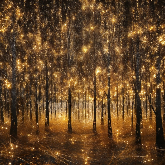 Foto bosque de niebla por la noche con luces doradas