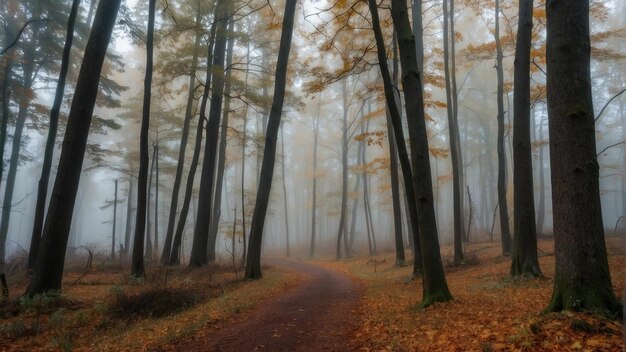 Bosque de niebla de otoño con árboles altos