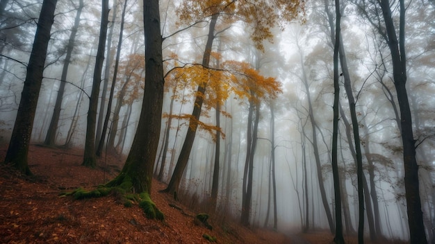 Bosque de niebla de otoño con árboles altos