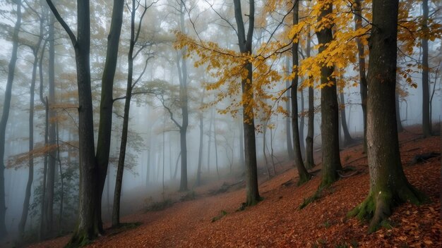 Bosque de niebla de otoño con árboles altos