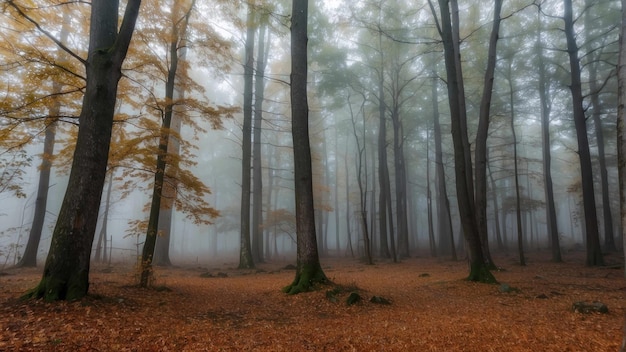 Bosque de niebla de otoño con árboles altos