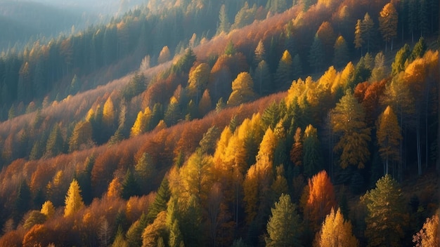 Bosque de niebla de otoño con árboles altos