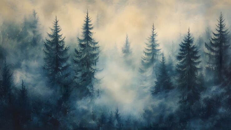 Un bosque de niebla con siluetas de pinos