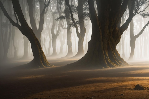 Un bosque de niebla con el sol brillando a través de los árboles.