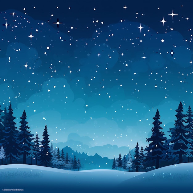 un bosque con nieve y árboles y un cielo azul con montañas cubiertas de nieve y un cielo blue con estrellas