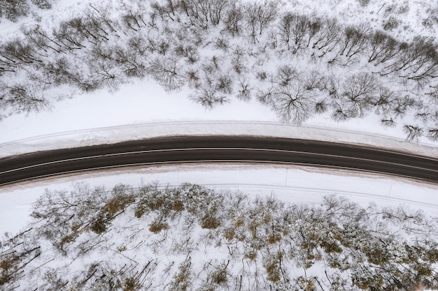 Bosque en la nieve Camino del bosque nevado Vista de Drone