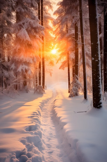 un bosque con nieve y luz solar en el sol