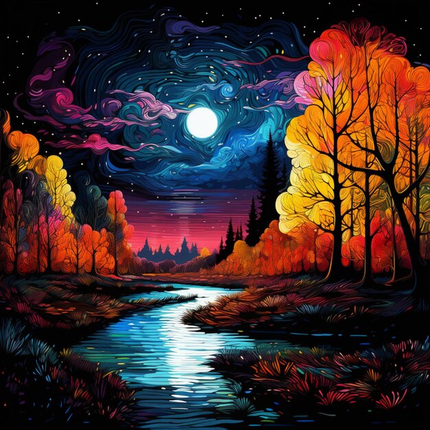 bosque en la noche arte ilustración colorido otoño