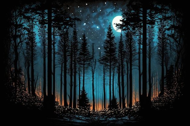 Bosque de noche con las estrellas brillando y la luz de la luna iluminando los árboles