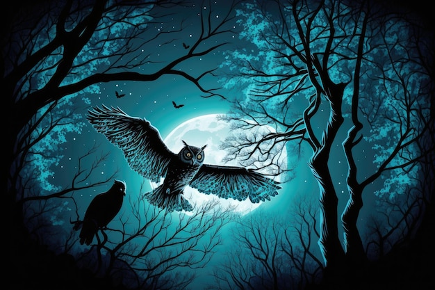 Bosque nocturno con lechuza volando sobre las copas de los árboles iluminadas por la luna