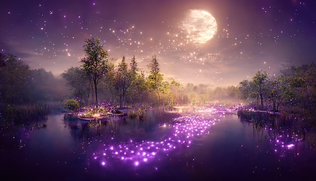 Bosque nocturno con luciérnagas brillantes sobre un estanque morado bajo los árboles ilustración 3d