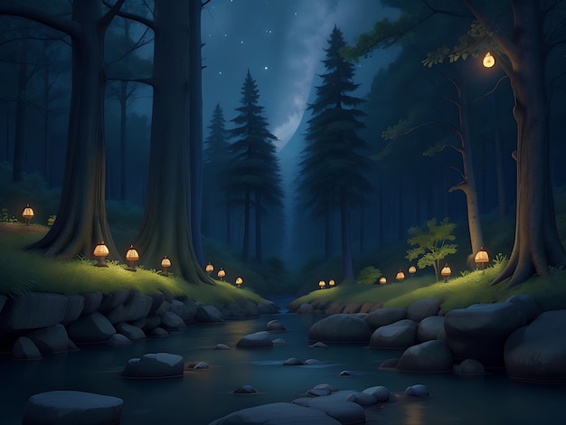 Bosque nocturno mágico de ensueño