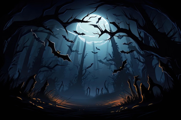Bosque nocturno con murciélagos volando tema de Halloween