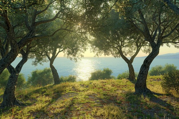 Un bosque de olivos cubierto de sol con vistas al