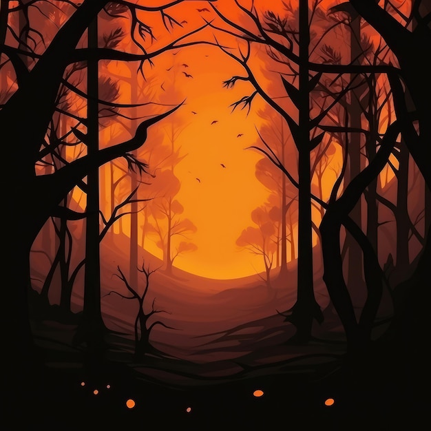 Bosque oscuro con ai generativo de fondo naranja.