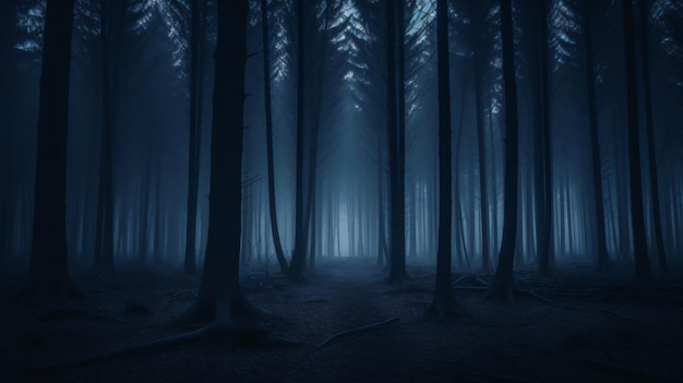 un bosque oscuro con algunos árboles en el medio