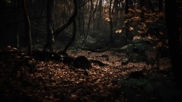 Un bosque oscuro con un árbol frondoso en el medio.