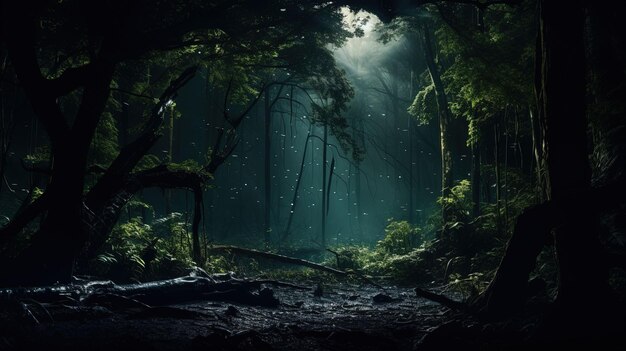 Bosque oscuro árboles densos luz de la luna