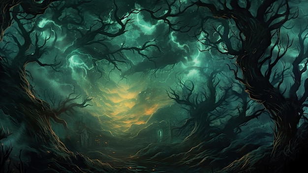 Un bosque oscuro con árboles y luz.