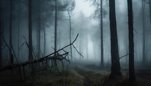 Bosque oscuro con árboles muertos en la niebla ramas secas rotas paisaje misterioso atmósfera mística