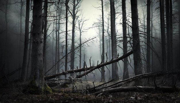 Bosque oscuro con árboles muertos en la niebla ramas secas rotas paisaje misterioso atmósfera mística