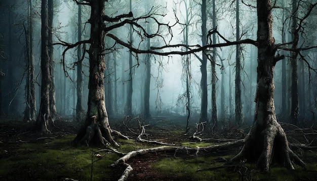 Bosque oscuro con árboles muertos en la niebla ramas secas rotas paisaje misterioso atmósfera mística